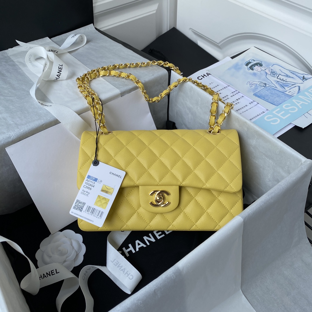 Classic Flap Caviar Bag A01113 Yellow/Gold